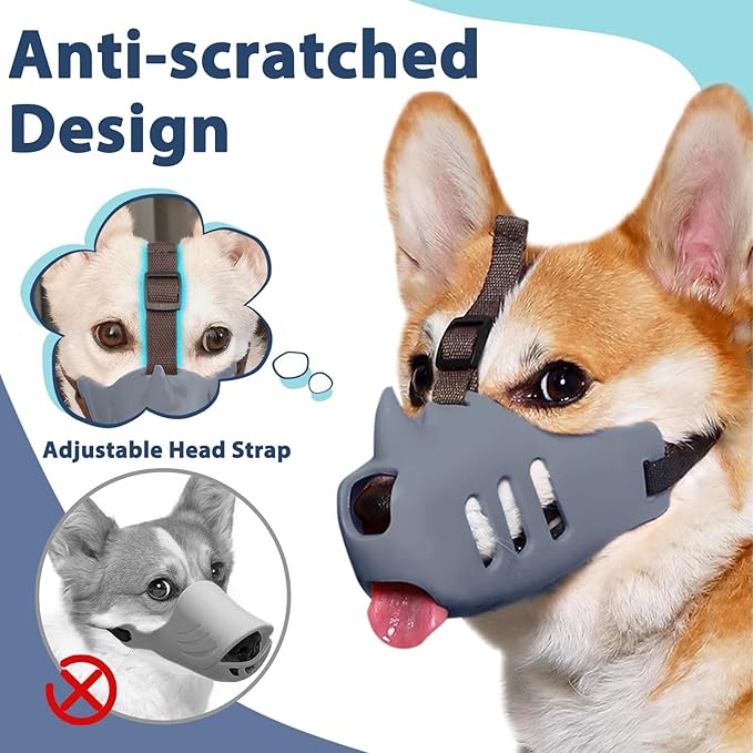 LUCKYPAW Dog Muzzle, Soft Muzzle for Small Medium Dogs Poodle Dachshund, Breathable Silicone Cage Mouth Cover to Prevent Biting Chewing, Funny Rhino Shaped Muzzle with Adjustable Head Strap(Grey,XL)