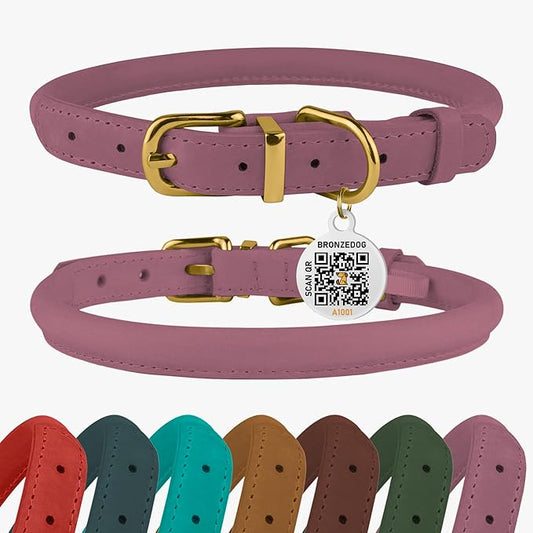 BRONZEDOG Rolled Leather Dog Collar with QR ID Tag Adjustable Soft Round Collars for Small Medium Large Dogs Puppy Cat (16" - 19" Neck Size, Lavender)