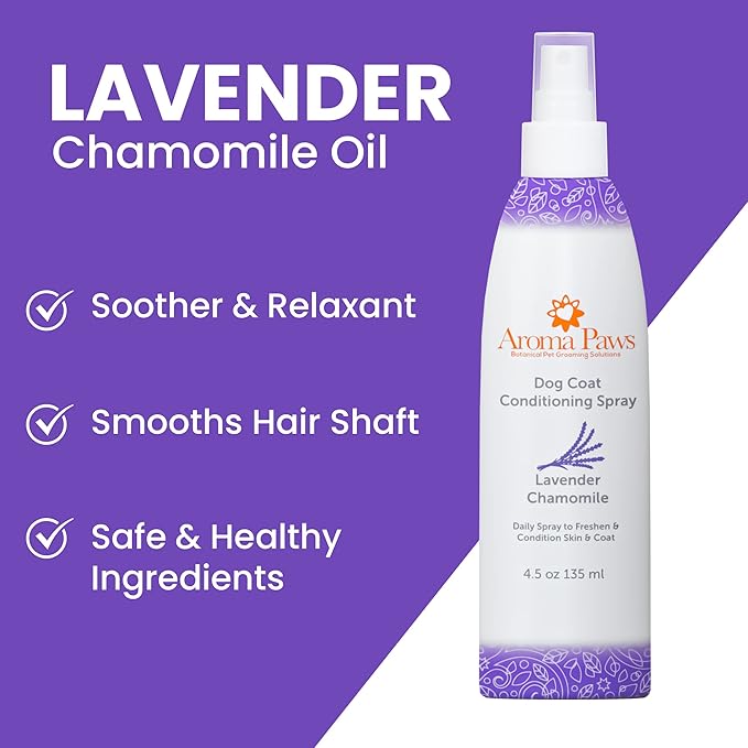 Dog Coat Conditioning Spray - Pet-Friendly Detangler Spray with Natural Essential Oils for Dogs - Daily Dog Spray to Eliminate Odors and Knots - Lavender Chamomile 4.5 oz.