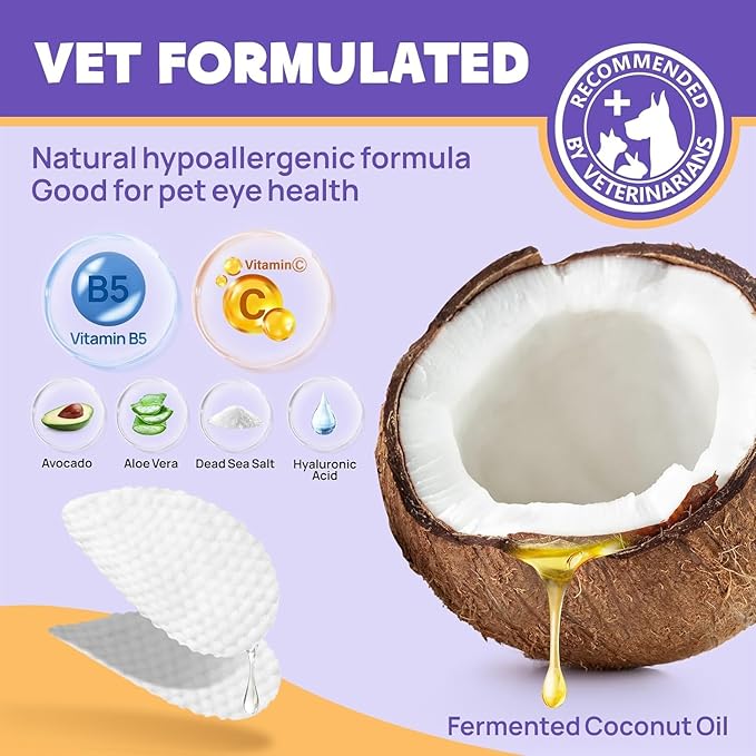 HICC PET Eyes Wipes for Dogs & Cats - Gently Remove Tear Stain, Eye Debris, Discharge, Mucus Secretions - Coconut Oil Pet Cleaning Grooming Deodorizing Wipes for Eyes, Wrinkle, Face - Unscented