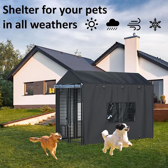 Outdoor Dog Kennel Cover - 8.1'D x 4.1'W x 6'H. All-weather waterproof protection for multiple brands of kennels of the same size, Black