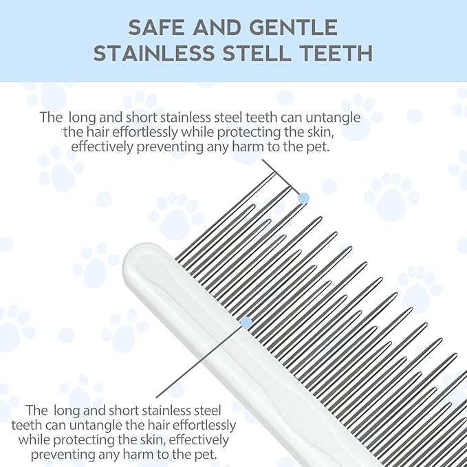 Detangling Pet Comb for Dog & Cat, Grooming Comb with Long & Short Stainless Steel Teeth, Safely Remove Knots & Tangles for Healthy Shiny Coat, Gentle Effective Detangling Tool for Pet Hair (Blue)