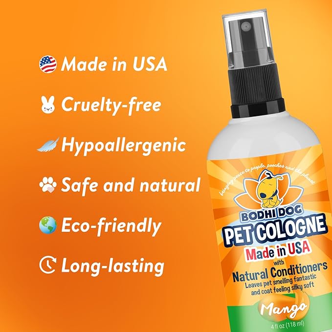 Bodhi Dog Natural Dog Cologne (Mango) - Premium Scented Deodorizing Pet Perfume with Conditioner for Dogs & Cats - Keeps Pets Fresh & Clean - Gentle and Safe Formula, Made in USA (4 Fl Oz)