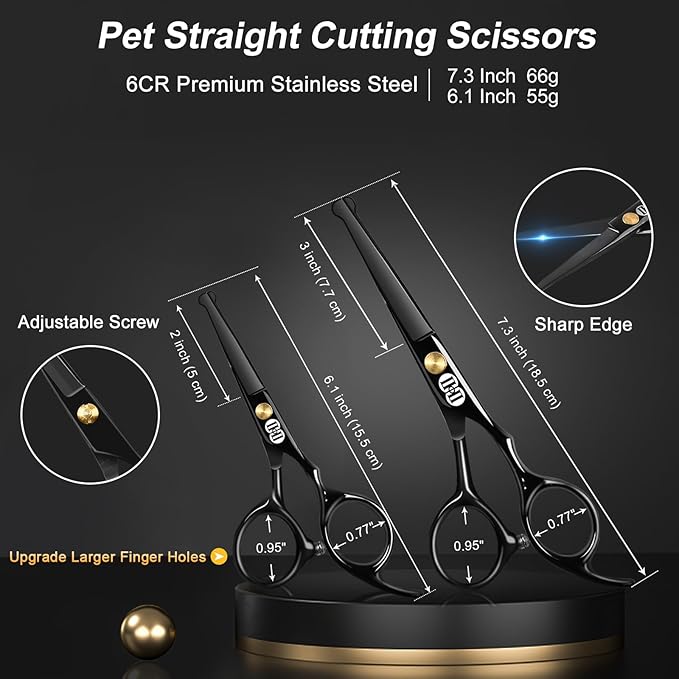 CIICII Dog Grooming Scissors Kit, 10-In-1 Professional Pet Grooming Scissors Set with Safety Round Tip (Dogs/Cat Hair Cutting Trimming Thinning Shears with Curved Scissors) for DIY Home Salon (Black)