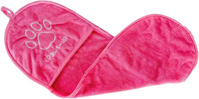 Paws-up Paw Cleaning Towel for Dogs removes mud Dirt Grass Sand allergens Machine Washable Microfiber Also Great for a Quick Dry Puppy Bath Towel with Two Hand Pockets for Control. 25.5” X 9” Pink