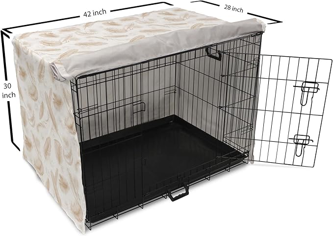 Lunarable Cream Dog Crate Cover, Fluffy Soft Flying Bird Feathers Hand Drawn Style Tender Nature Plumage Pattern, Easy to Use Pet Kennel Cover for Medium Large Dogs, 42 Inch, Pale Tan White