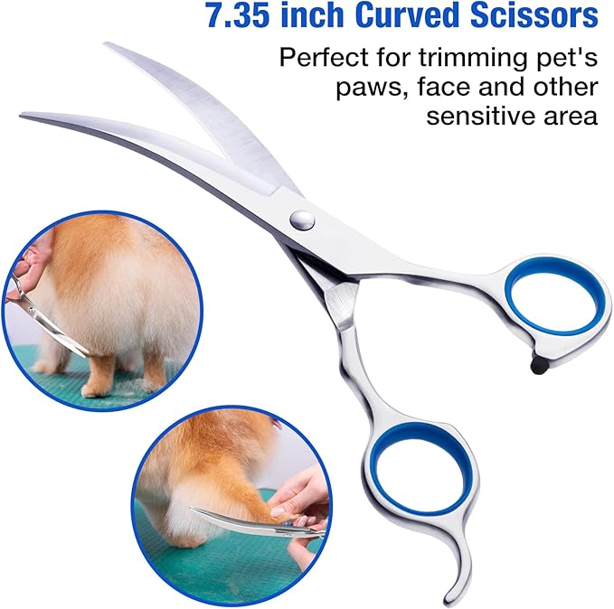 Dog Grooming Scissors,3 in 1 Dog Scissors with Safety Tips, Professional Stainless Steel Thinning Shears, Curved Pet Grooming Scissors Kit