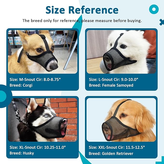 LUCKYPAW Dog Muzzle, Mesh Muzzle for Large Medium Small Dogs, Soft Dog Muzzle to Prevent Biting Chewing Excessive Barking with Adjustable Head Strap, Perfect for Vet Visit (Black, XL)