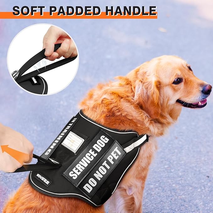 WINSEE Dog Harness & Leash Set, Medium, Black - Reflective, Adjustable, W/ 10 Patches for Service, Therapy Dogs, Extra Durable