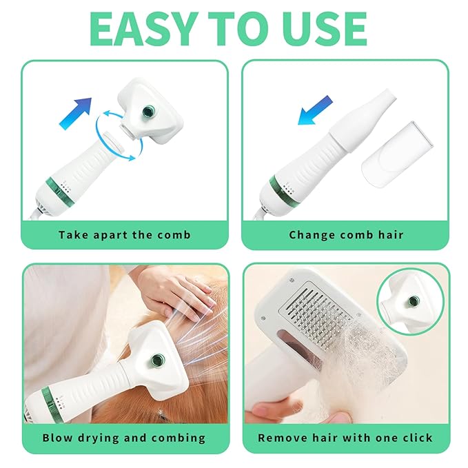 Pet hair dryer | Portable silent 2-in-1 pet beauty hair dryer with replaceable self-cleaning brush | Adjustable temperature | Suitable for small and medium-sized cats and dogs