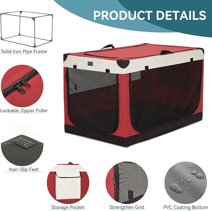 PETSFIT Collapsible Dog Crate, with Patented Adjustable Fabric Cover, Chewproof & Lockable Mesh Doors, Waterproof Base Portable Kennel Red 40 Inch