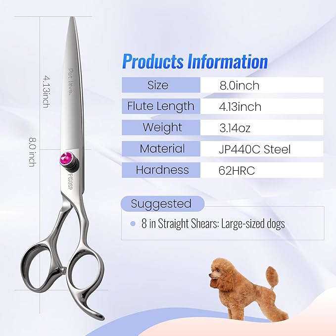 Straight Dog Grooming Scissors 8.0'' Long Large Dog Shears for Grooming Poodle Large Dog Pet Japanese 440C Stainless Steel Dog Scissors Super Sharp(8.0'',Straight)