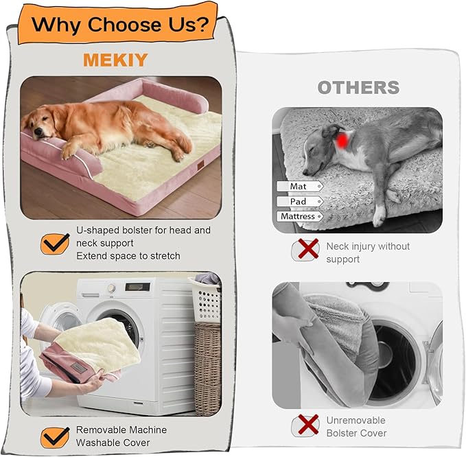 Orthopedic Washable Large Dog Bed, Pink Dog Beds with Removable Cover, Large XXXL Pet Dog with Bolster, Washable Dog Bed Sofa with Orthopedic Egg Foam for Medium Large Dog