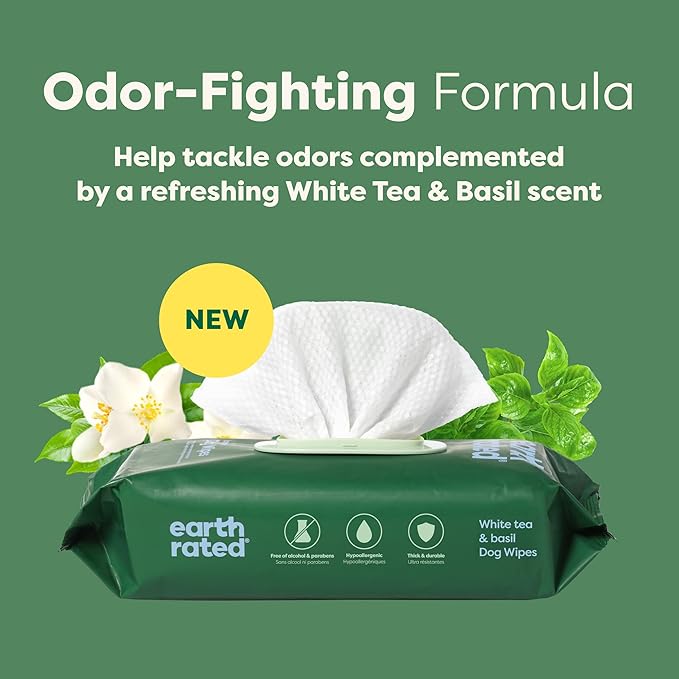 Earth Rated Pet Grooming Wipes for Dogs and Cats, Hypoallergenic, 3-in-1 Cleaning, Deodorizing and Hydrating, for Paws, Body and Butt, New White Tea and Basil Scent, 400 Count