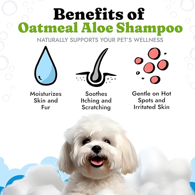 Dog Shampoo with Oatmeal, Aloe Vera, Chamomile, Jojoba Oil, Vitamin E - Natural Ingredients, Helps Allergies Dry Coats & Itchy Sensitive Skin, No Parabens or Artificial Dyes, 16 oz