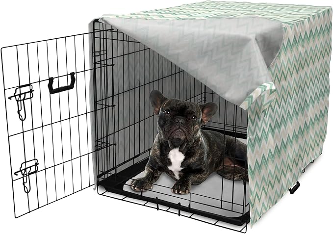 Lunarable Chevron Dog Crate Cover, Ikat Style Ornate Simplistic Zigzag Traditional Herringbone, Easy to Use Pet Kennel Cover for Cats & Medium Dogs, 24 Inch, Ivory Seafoam Jade Green
