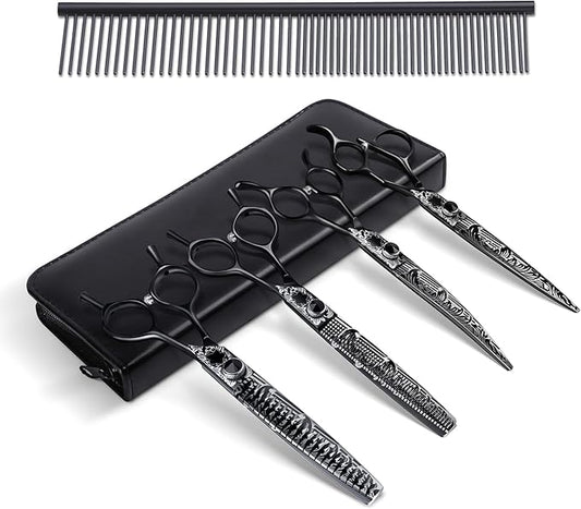 JASON Professional 6 in 1 Dog Scissors Set - Thinning Shear, Straight Scissor, Chunker, Down-curved Shears and Comb for Cat Pet (Black, 7")