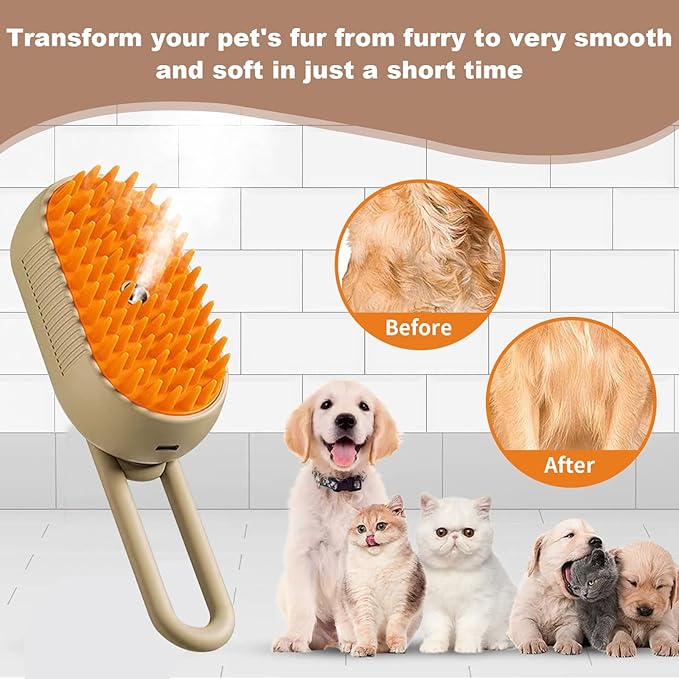 Steam Brush for Cats & Pets - 3 In 1 Steamer for Grooming, Deshedding, and Taming Animal Fur (Brown)