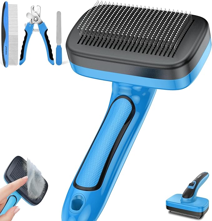 Dog Brush for Shedding, Self-Cleaning Slicker & Comb, Removes Mats, Tangles, Loose Fur, Nail Clipper, for Small, Medium, Large Dogs, Short & Long Haired Pets, 4 PCS Grooming Kit. Blue