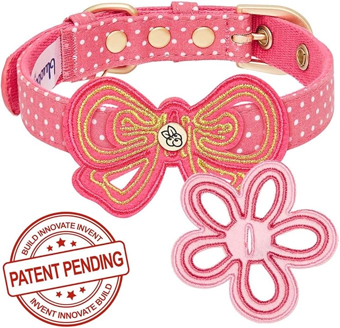 Blueberry Pet 2 Patterns Adjustable Dog Collar with Metal Buckle and 2 Detachable Bowtie - Pink Polka Dot, Neck 13-16.5", for Medium Breed