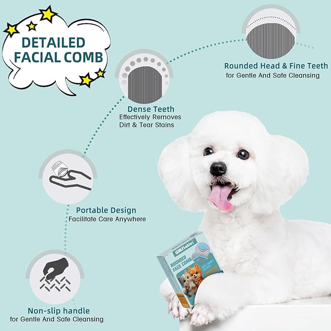 Face Comb for Dogs,Pet Grooming Combs with Rounded FineTeeth,Stainless Steel Tear Stain Remover for Dogs Cats,Lightweight & Portable Pet Grooming Brush Suitable for All Furry Pets