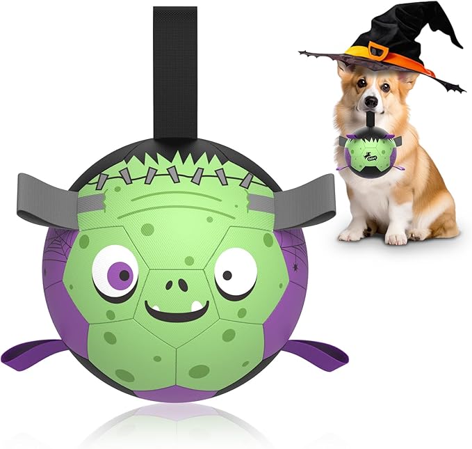 QDAN Halloween Dog Toys Soccer Ball: Premium Dog Soccer Balls with Straps- Outdoor Herding Balls Toys for Small Medium Dogs- Puppy Pet Birthday Gifts- 6 Inch Purple Green