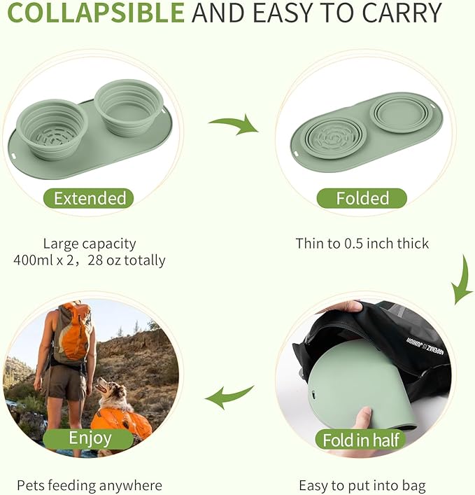 Puppy Dog Bowl,Travel Bowls Dog Food Bowls&Dog Water Bowls,No Spills,Collapsible Double Bowl,Suitable for Small and Medium Sized Dogs(Green)
