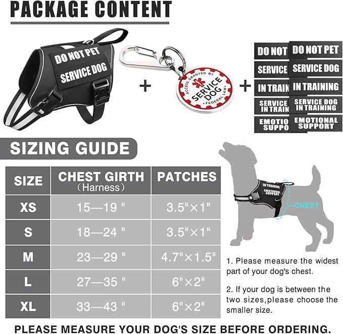Service Dog Vest Harness+ID Tag+10 Patches,Metal Serivce Dog Tag&Reflective Emotional Support Dog Vest with Handle for Small Dogs,Easy Put On/Off for Training/Walking/Everyday Black XS