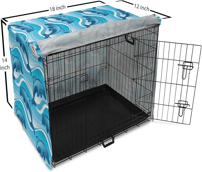 Lunarable Dolphin Dog Crate Cover, Dolphin Illustration Jumping Waves with Large Mammal Friendly Ocean Animal, Easy to Use Pet Kennel Cover for Small Dogs Puppies Kittens, 18 Inch, Azure Blue White
