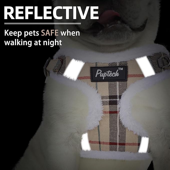 PUPTECK No Pull Dog Harness and Leash Set Reflective No Choke Step in Puppy Halter for XS Small and Medium Sized Dogs, Beige Plaid, Plush, XS