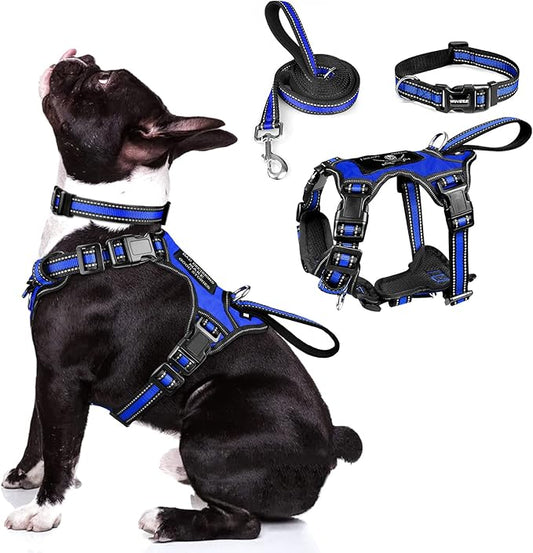 WINSEE Pet Harness Collar and Leash Set, All-in-one Reflective Dog Harness No Pull with Adjustable Buckles for Puppies, Small, Medium, Large, and Extra-Large Dogs (Medium, Dark Blue)