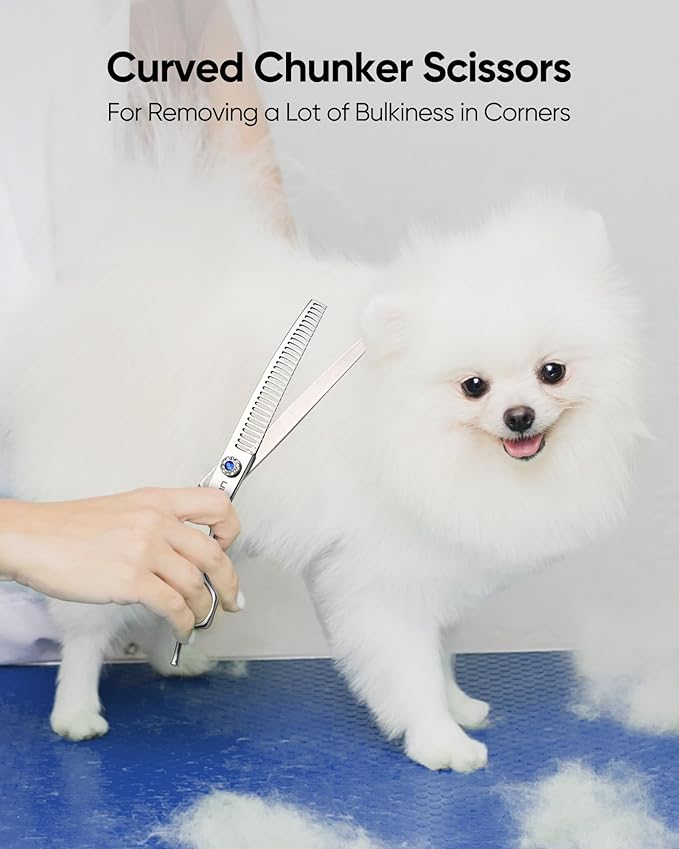 ULG 7.5" Curved Professional Dog Grooming Shears 30-Tooth Precision Thinning (55-60%) Japanese 440C Stainless Steel Adjustable Tension & Universal Left & Right Hand Use