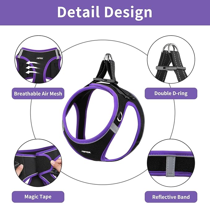 AMTOR Small Dog Harness with Leash Set, No Escape Easy Walk Puppy Harnesses for Training Walking, Step-in Reflective Soft Dogs Vest for XS S Medium Extra-Small Large Sized Dog(Black/Purple)