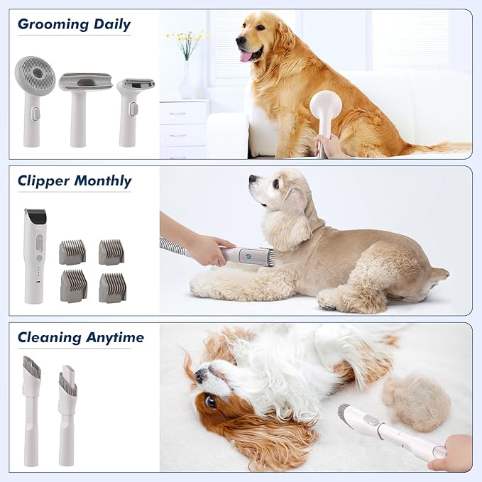 Pet Grooming Kit,Dog Hair Vacuum,Dog Grooming Vacuum,Dog Clippers Nail Trimmer Grinder,2L Large Capacity Dust Cup, Low Noise,One-Click Clean,16 Levels of Suction Adjustment, Gray