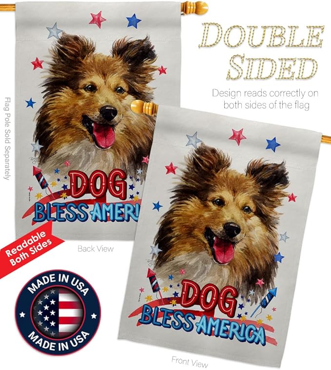 Breeze Decor Patriotic Shetland Sheepdog House Flag Dowel Set Dog Puppy Spoiled Paw Canine Fur Pet Nature Farm Animal Creature Banner Small Garden Yard Gift Double-Sided, Made in USA