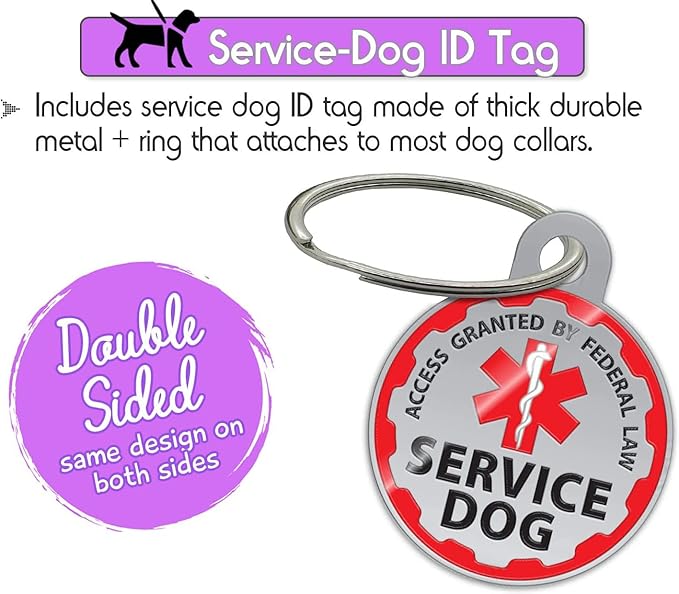 Service Dog Vest + ID Tag + 50 ADA Information Cards - Service Dog Harness w Patch in Sizes X Small to XX Large, Metal Dog Tag has Durable Clip, Service Animal Information Cards. ESA Accessory Set