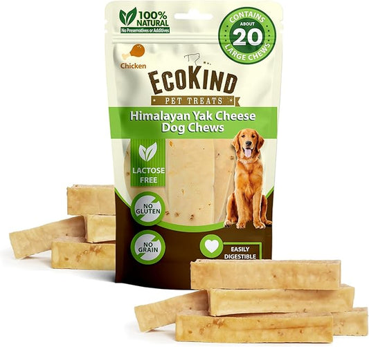 EcoKind Premium Gold Yak Cheese Himalayan Dog Chews, Dog Treats Large Breed, All Natural, High Protein Dog Chew, Chicken, Large - 20+ Chews (5 lbs)