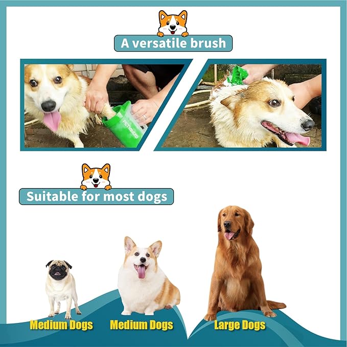 Paw Cleaner with Handle for Dogs (with 2 Absorbent Towels & 2 Adjustable Bath Brushes for Short and Long Hair), Muddy Foot Washer, Green, Medium