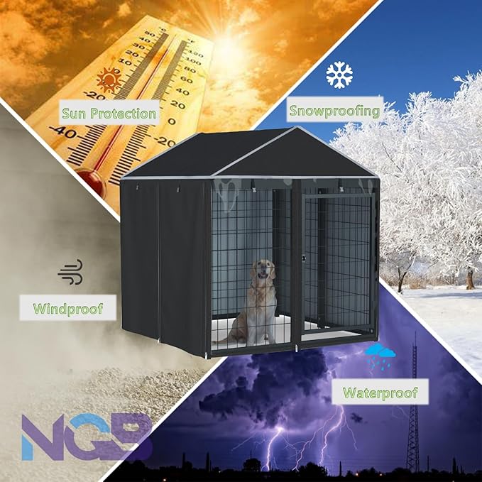 NGB Outdoor Dog Kennel Cover,4'Dx4'Wx4.5'H 600d Heavy Duty Waterproof Dog Cages Cover for Multiple Brands of Dog Kennels,Full Coverage Windproof Anti-UV,Cover Only,Black.（No Kennel）