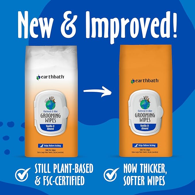 earthbath, Oatmeal & Aloe Grooming Wipes - Dog Wipes for Paws and Butt, Pet Wipes for Dogs & Cats, Helps Relieve Itchy & Dry Skin, Made in USA, Cruelty-Free - Vanilla & Almond 100 Count (2 Pack)