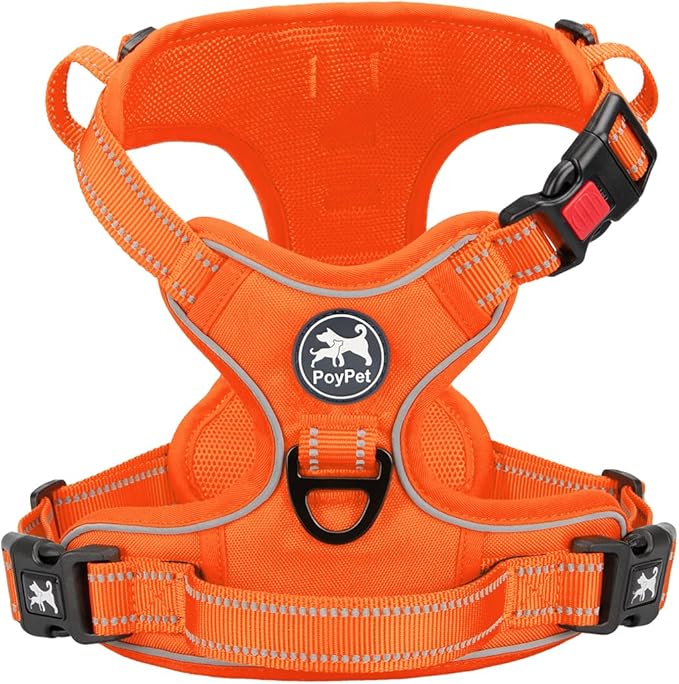 PoyPet No Pull Dog Harness, No Choke Reflective Dog Vest, Adjustable Pet Harnesses with Easy Control Padded Handle for Small Medium Large Dogs(Orange Matching Trim,S)