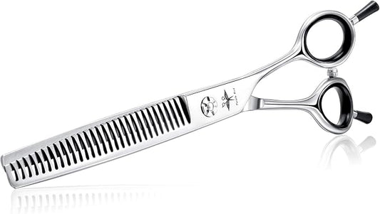 PURPLRBIRD 7 Inch Straight Dog Grooming Scissors Pet Thinning Texturizing Shears Professional Safety Blunt Tip Trimming Shearing for Dogs Cats Face Paws Limbs Japanese Stainless Steel Silver