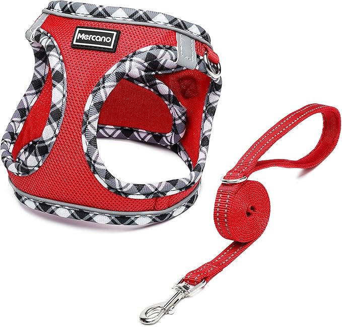 Mercano Soft Mesh Dog Harness and Leash Set, No-Chock Step-in Reflective Breathable Lightweight Easy Walk Escape Proof Vest Harnesses with Safety Buckle for Small Medium Dogs, Cats (Red, XS)