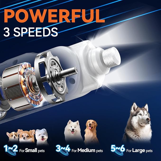 Dog Nail Grinder, 6-Speed Dog Nail Trimmer with 2 LED Lights, Pet Nail Grinder Quiet for Large Medium Small Puppy Dogs/Cats,Rechargeable Electric Dog Nail File with Dust Cap - White