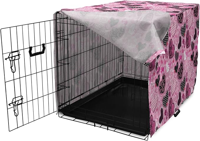 Lunarable Hearts Dog Crate Cover, Sewing Themed Love with Polka Dots Valentine's Day Inspired Image, Easy to Use Pet Kennel Cover for Small Dogs Puppies Kittens, 22 Inch, Pink Black White