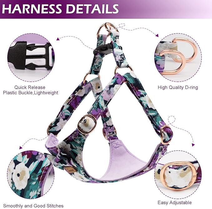No Pull Small Dog Harness and Leash Set, Soft Adjustable Floral Puppy Dog Harness Vest for Extra Small-Medium Pet Dogs and Cat, Purple Flower, XXSmall