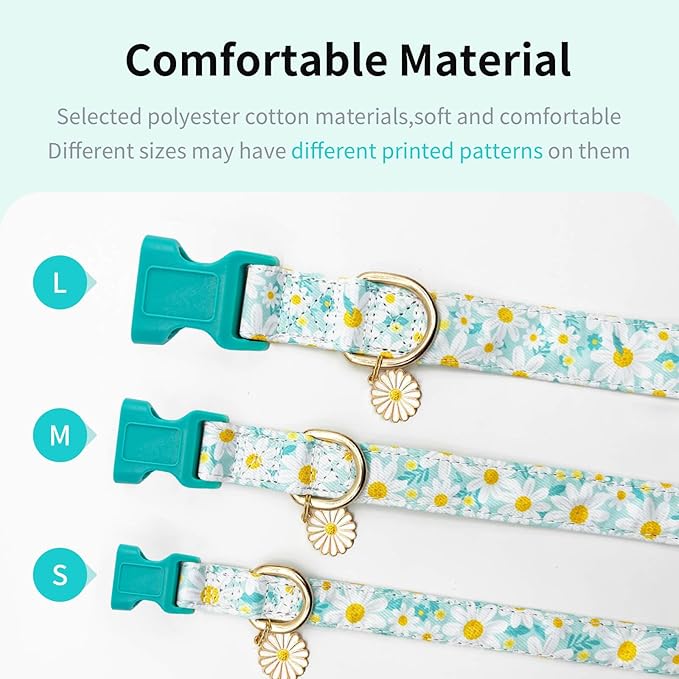 Fashionable Dog Collar with Bow Tie for Small Medium Large Dogs,Cute and Soft Puppy Collar for Male Female Dogs,Cyan Durable Cotton Dog Collar with Adjustable Buckle Daisy Pattern (L, Cyan Daisy)