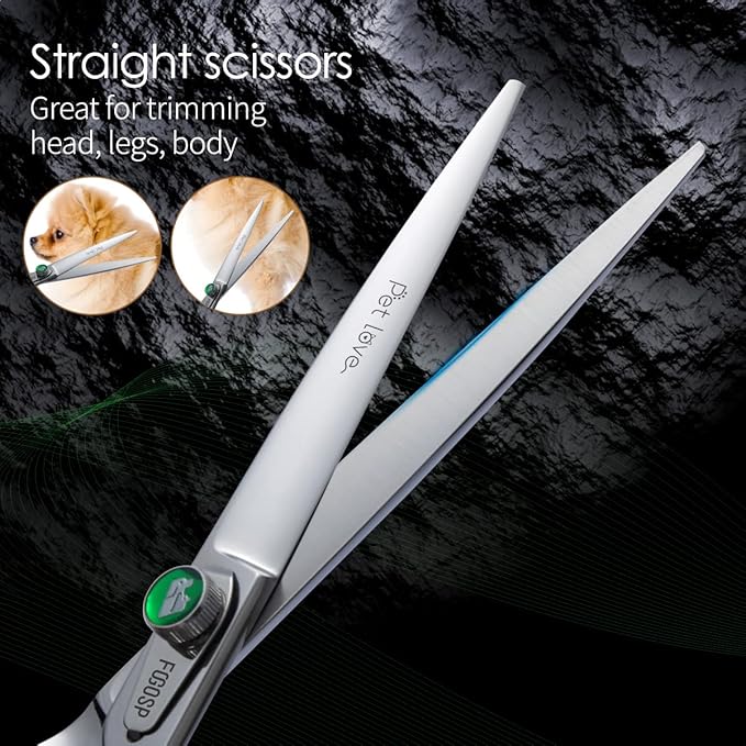 Professional Dog Grooming Scissors Kit 8 in Curved Thinning Straight Chunker Shears and Comb 5pcs Set for Grooming Big Dogs Poodle Pet Japan 440C Stainless Steel
