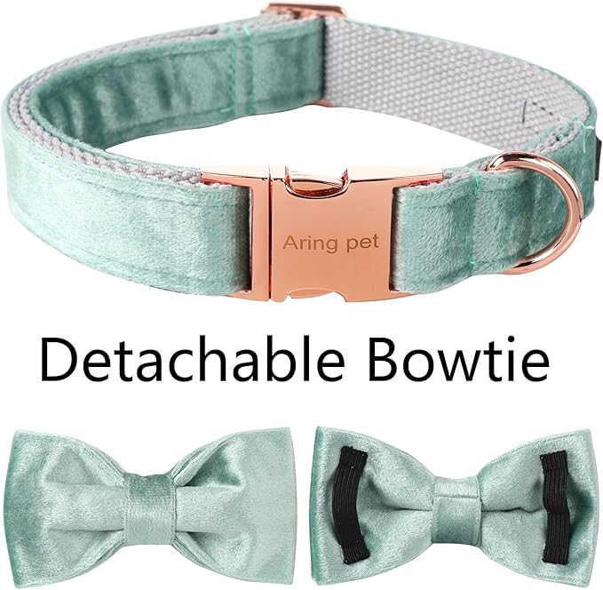 ARING PET Velvet Dog Collars with Bow tie, Dog Bowtie Collar, Adjustable Green Dog Collar,Large.