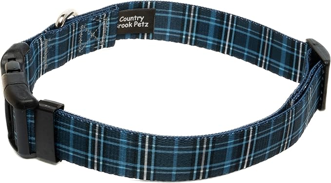 Country Brook Petz - Deluxe Navy Plaid Dog Collar - Made in The U.S.A. - Plaid and Argyle Collection Featuring Charming Designs (5/8 Inch, Small)